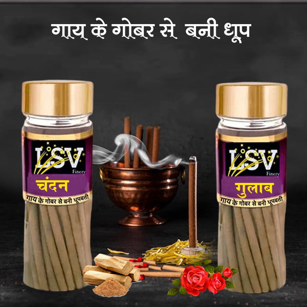 Dhoop  Sticks Chandan & gulab Cow Dung Natural Incense 60+60 Sticks With Stand By LSV Finery (200 Gram)